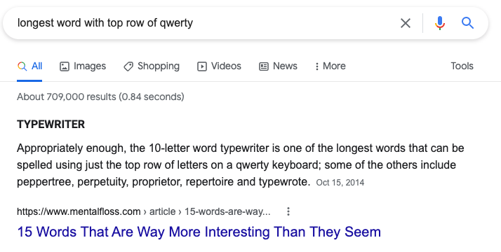 Google featured snippet says typewriter is the longest word with top row of qwerty